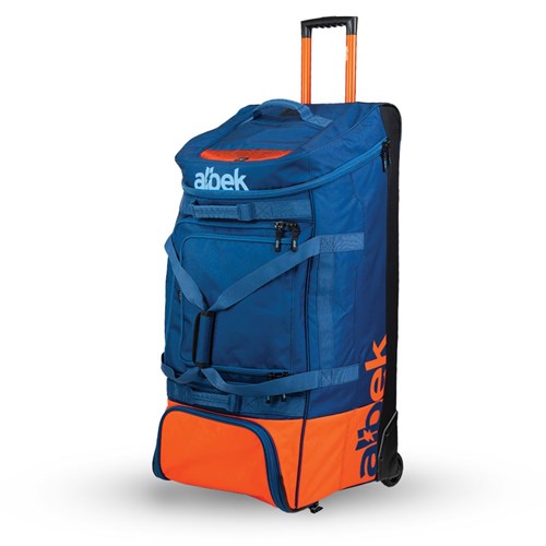 The Albek Meridian Wheeled Gear Bag is a large blue and orange bag with a telescopic handle, side pockets, waterproof lining, and "abek" printed on it.