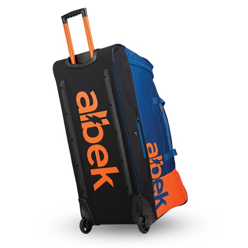 The Albek Meridian Wheeled Gear Bag is a large rolling suitcase with an extended handle, showcasing "Albek" in orange on a black and blue background with orange accents and featuring a waterproof lining to protect your gear.