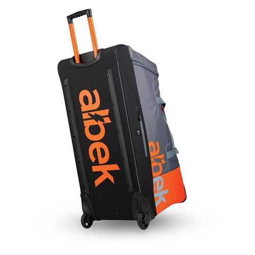 The Albek Meridian Wheeled Gear Bag features a bold orange and gray design with "Abek" in orange on the side and includes a waterproof lining to protect your items.