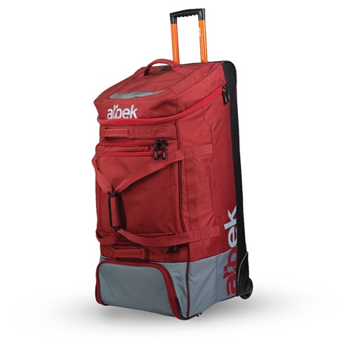 The Albek Meridian Wheeled Gear Bag is a large red and gray gear bag with wheels, a telescopic handle, waterproof lining, multiple compartments, and "albek" branding on the side.