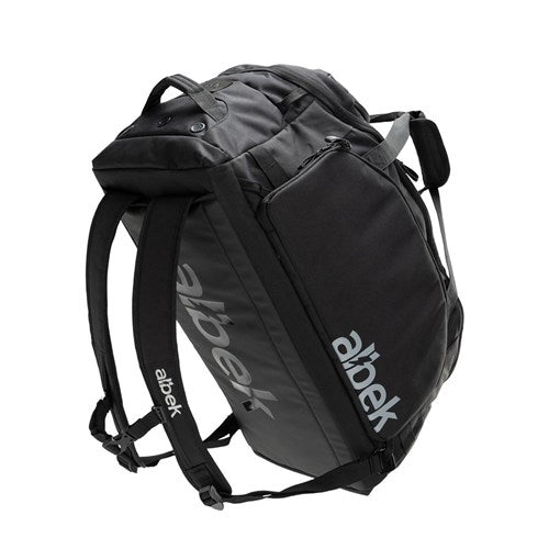 A black Albek Skytrail 51 Gear Bag featuring padded shoulder straps, multiple zippered compartments for efficient gear storage, and the Albek logo printed on the side.