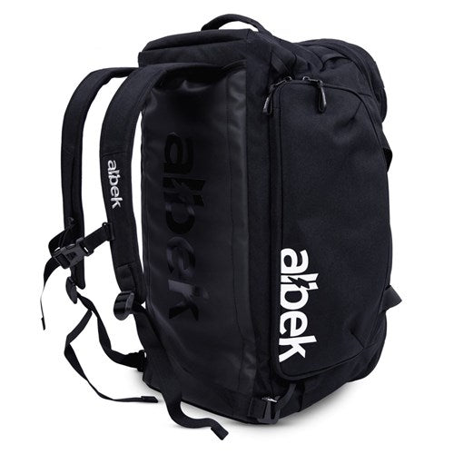 The Albek Skytrail 51 Gear Bag is a black adventure backpack with a white logo, padded shoulder straps, top handle, multiple zippered compartments, and spacious storage for all your gear.