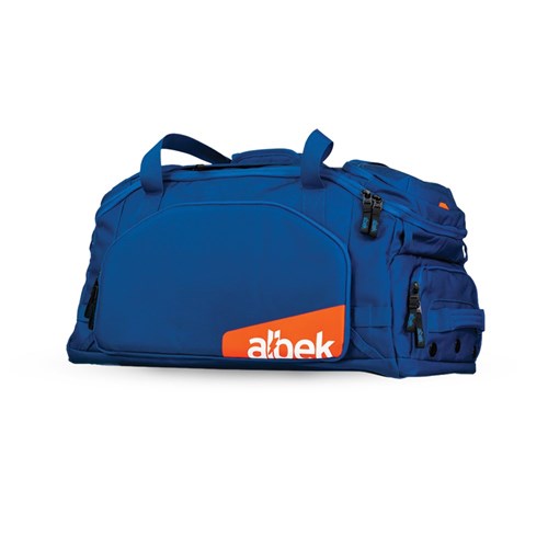 The Albek Skytrail 51 Gear Bag is a large blue duffel with multiple zippers, handles, white and orange "Albek" on the front pocket, plus a padded helmet compartment for secure storage.