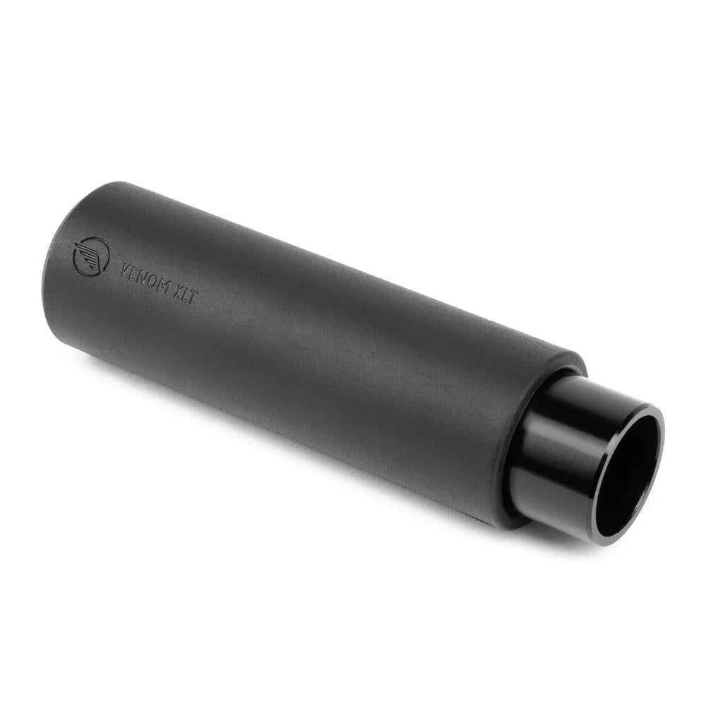 The Eclat Venom XLT Peg (Each) / 4.8 Inch is a black cylindrical metal peg with "VENOM XLT" engraving, featuring a wide matte body, narrow glossy inner tube, and made from durable 7075-T6 alloy.