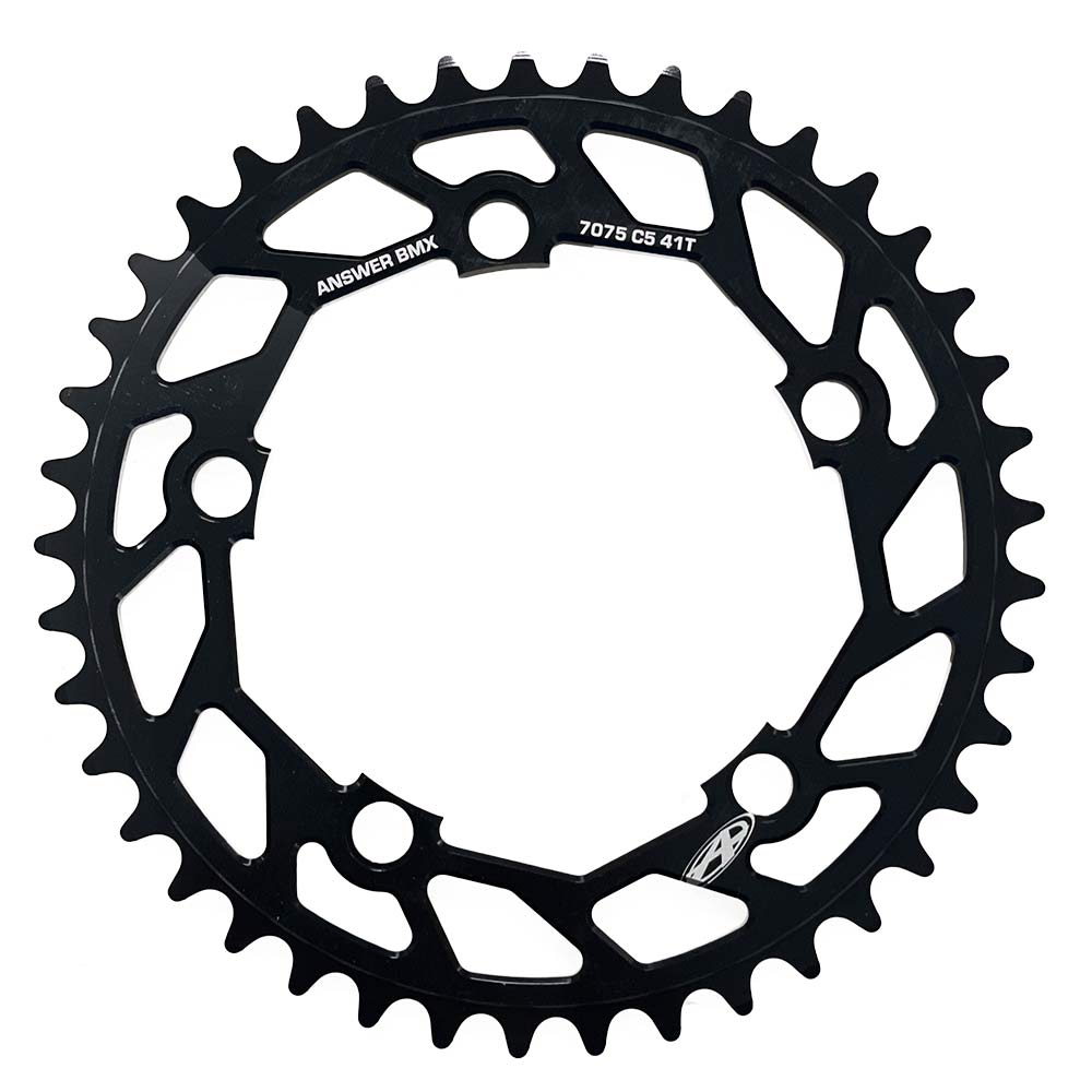 Answer Typhoon C4 5 Bolt BMX racing bicycle chainring with laser-etched branding and alternating thick and thin tooth profile, made from 7075 aluminium.