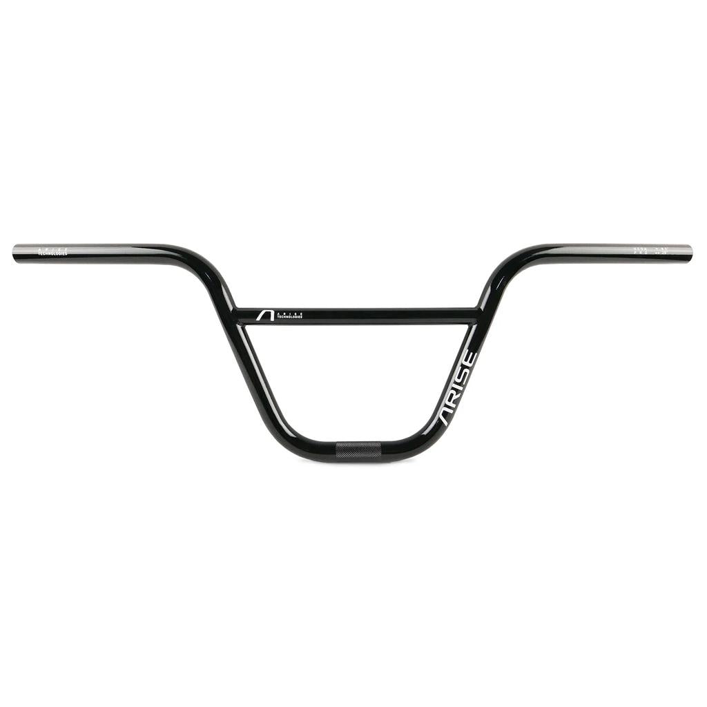 The Arise Neon Pro OS Handlebar is a black chromoly BMX bar with a crossbar, "RISE" branding in white on the right, silver ends with labeled markings, heat-treated for strength, and features a 31.8mm clamp diameter.
