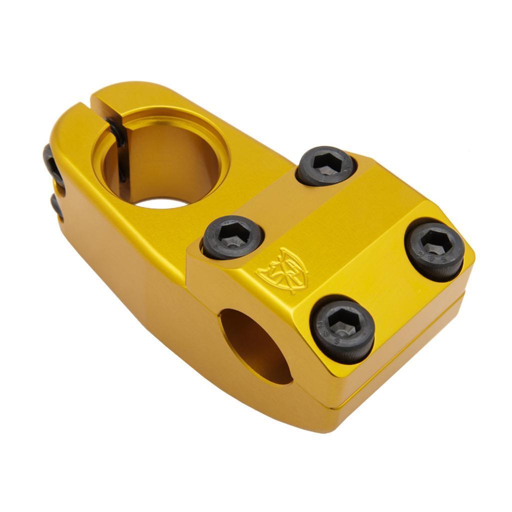 The gold anodized S&M Enduro V2 Stem is a top load BMX stem with four black hex bolts and an engraved side logo, designed to secure handlebars to the fork.