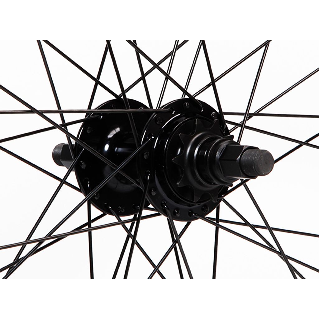 Close-up of a black Fit Bike Co 24 Inch Cassette Wheel Set and spokes on a white background.