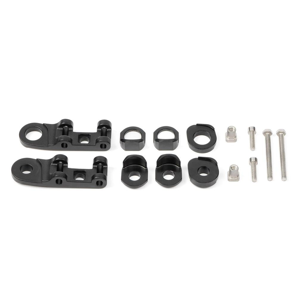 A set of black metal brackets, clamps, screws, and bolts—perfect for the Radio Raceline Quartz 2025 Pro XL Cruiser Frame—are arranged in rows on a white background.
