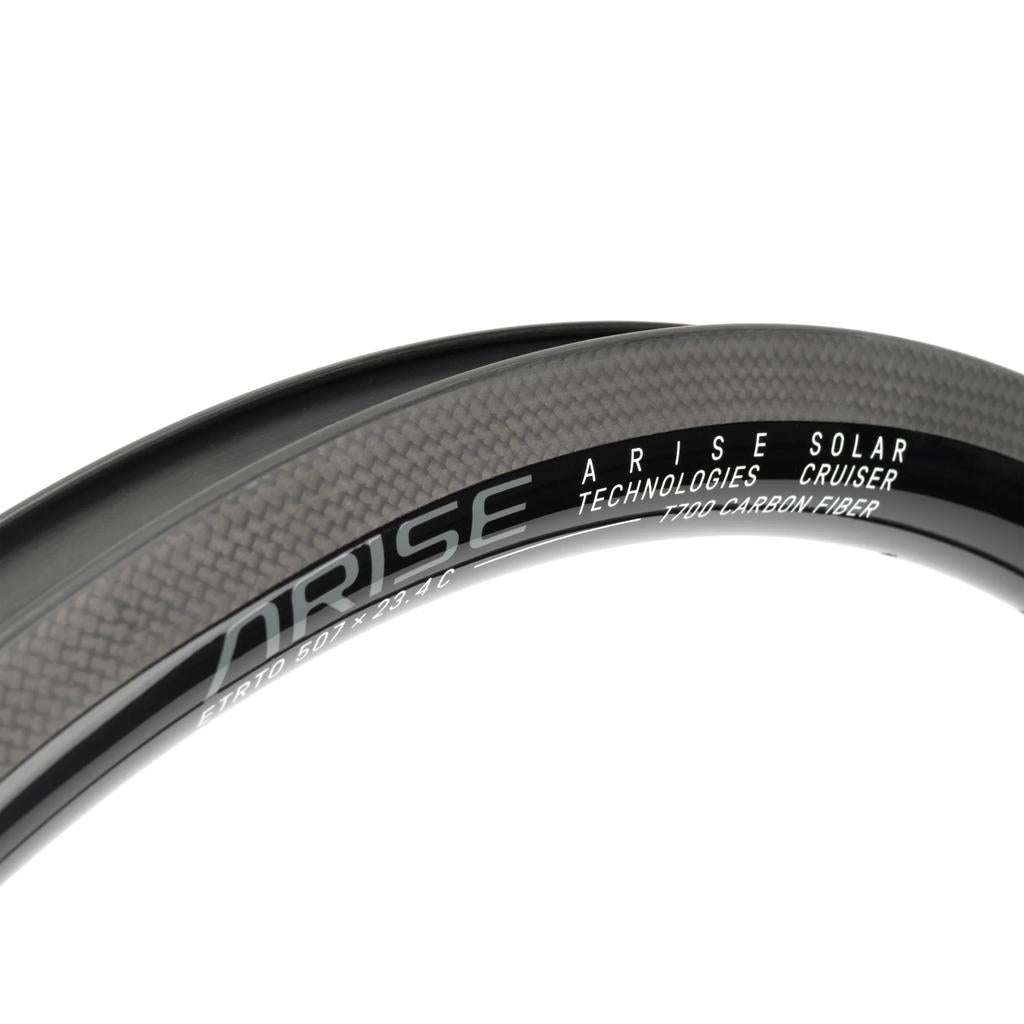 Close-up of a black Arise Solar 24 Inch Cruiser Rim made from T700 Torayca Carbon Fibre, displaying white model text.