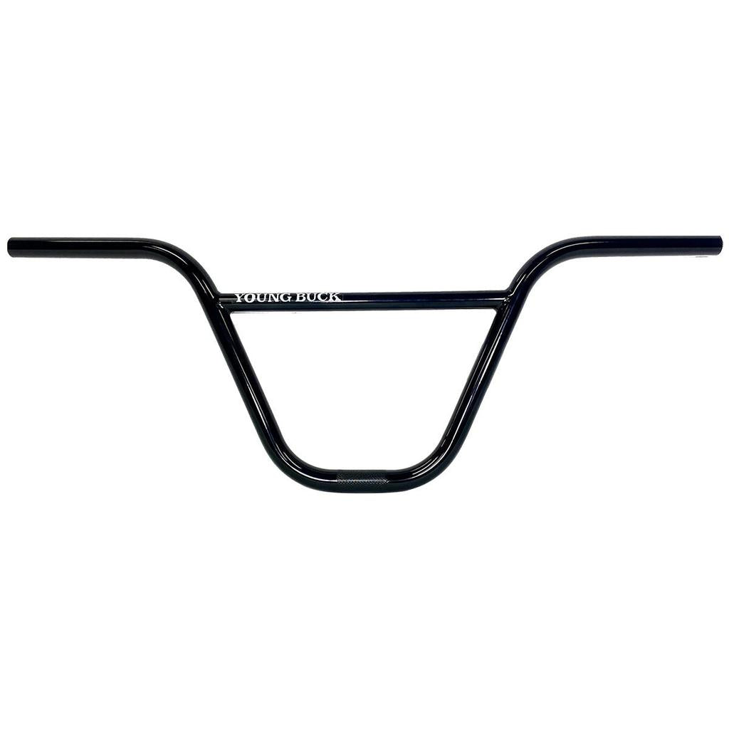 The Fit Bike Co Young Buck Handlebar features a black design with a crossbar labeled "YOUNG BUCK," blending classic BMX style with modern durability, shown here against a white background.