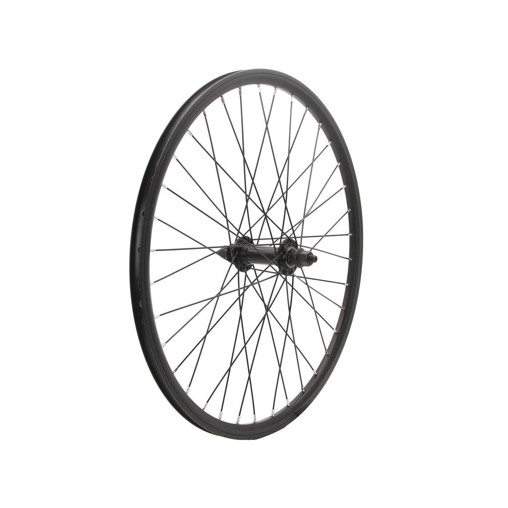A DRS Mini Front Wheel, black, with a 20 x 1 1/8" rim and sealed bearing hub is shown at an angle on a white background.
