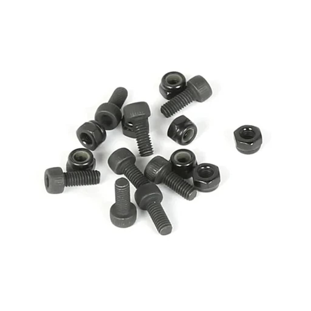 A set of black hex socket bolts and hex nuts, designed for Eclat Juggernaut Pedal Pins, ideal for pedal replacement or attaching steel pins, displayed on a white background.