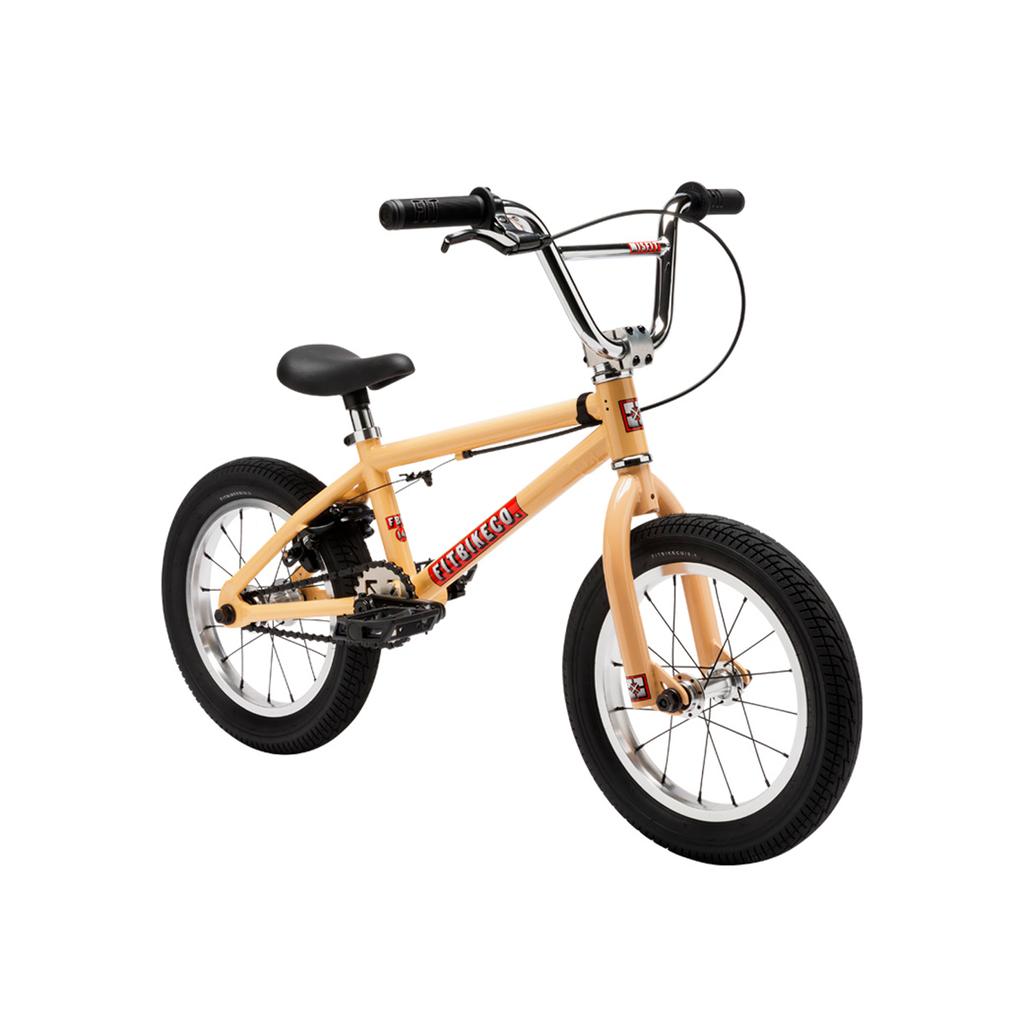 A Fit Bike Co Misfit 14 Inch kids’ bike in tan with black handlebars, seat, and tires is displayed against a white background.