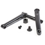 A pair of black Odyssey Thunderbolt DJ Cranks, crafted from 41-Thermal heat-treated material, with bolts and a bottom bracket dust cap, are shown on a white background.