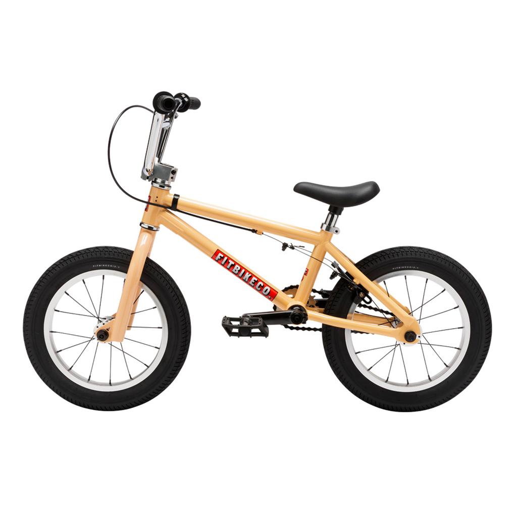 The Fit Bike Co Misfit 14 Inch Bike is a small beige BMX with black handlebars, seat, and tires, shown in profile on a white background—ideal for kids.