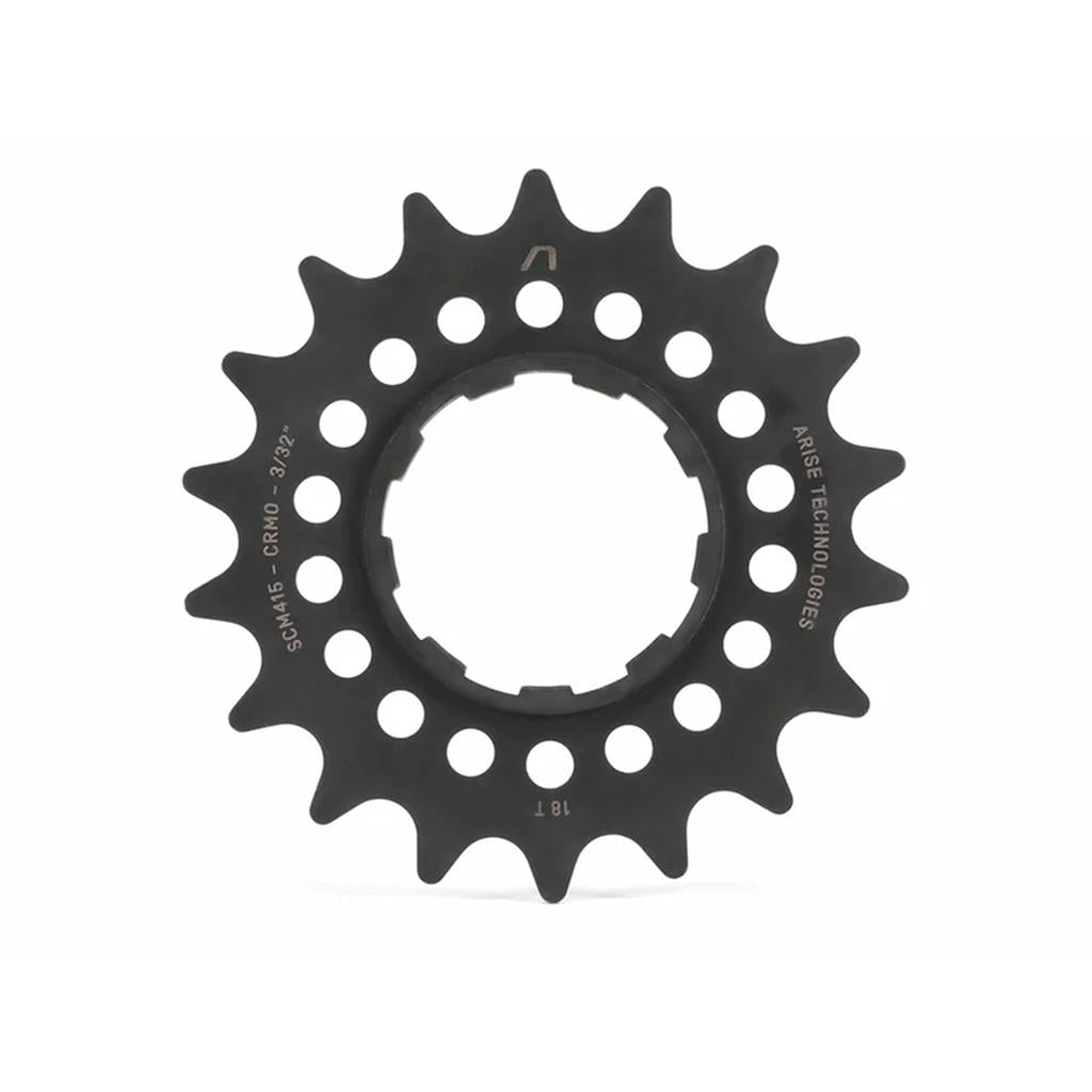 The Echo Chromo Cassette Rear Sprocket is a black, CNC-machined cog with 18 teeth and circular cutouts, marked “ARISE TECHNOLOGIES” plus specs—part of the Arise Echo Cogs lineup.