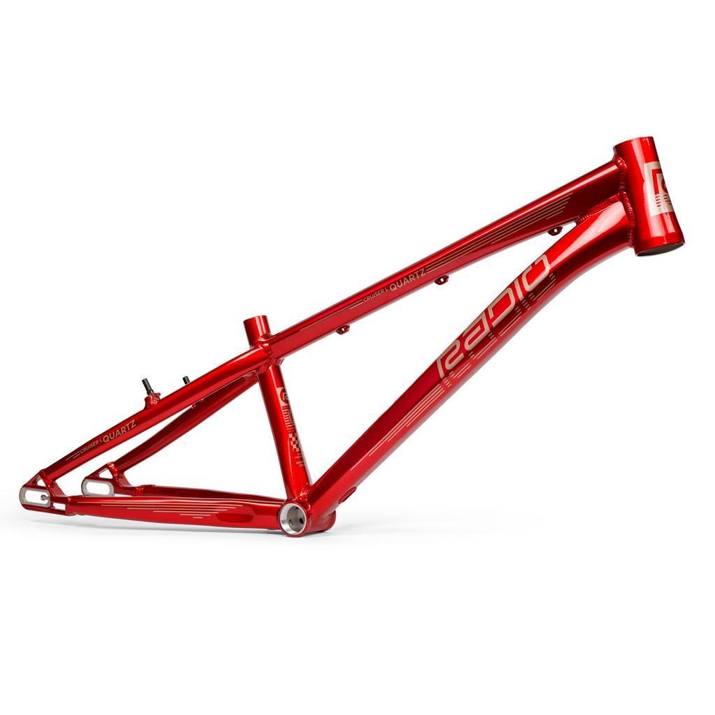 The Radio Raceline Quartz 2025 Pro XL Cruiser Frame is a red aluminium BMX race frame, shown with "Radio" branding, isolated on a white background—ideal for building your BMX race bike.