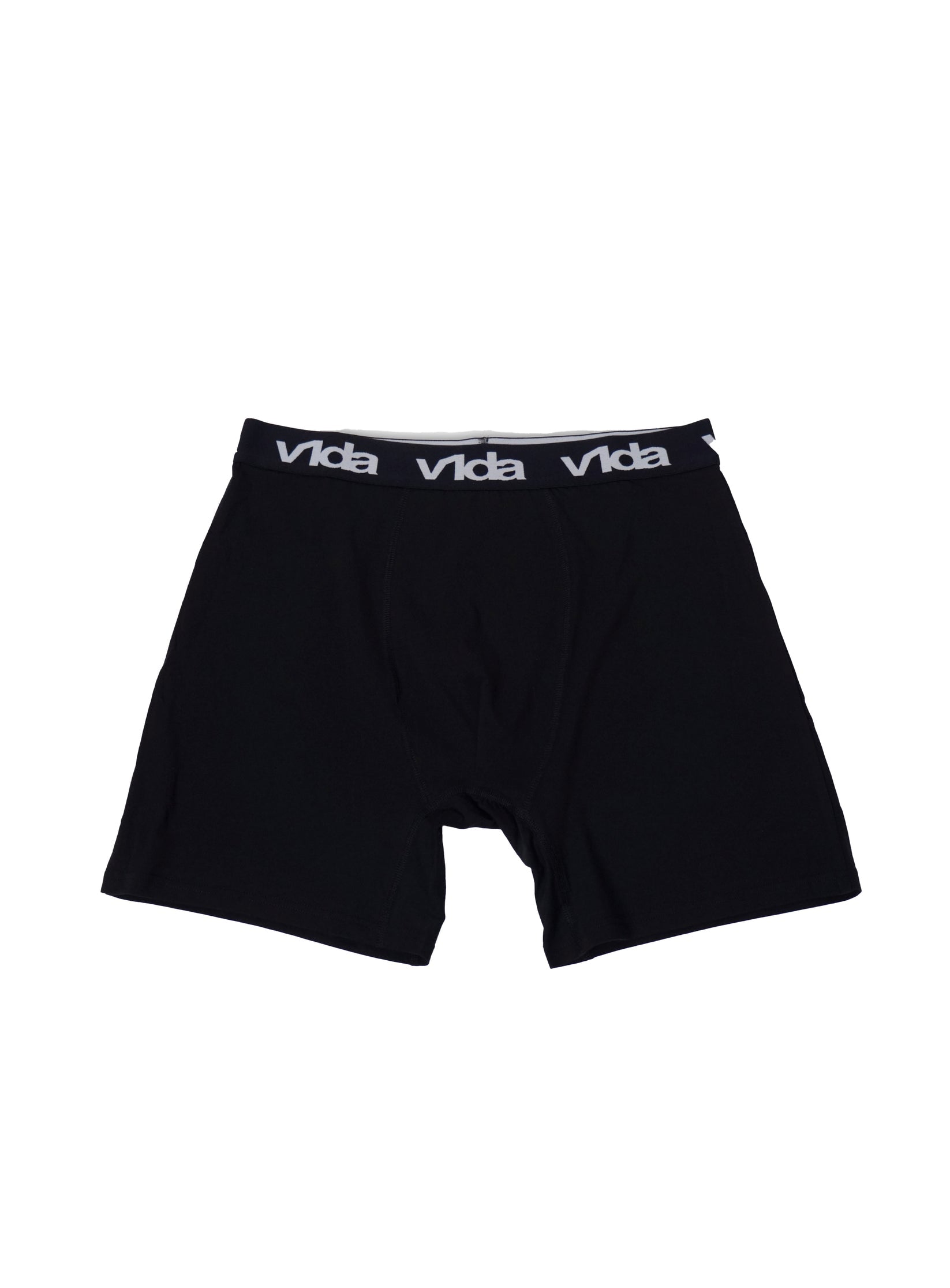 Black men's V1da Boxer Briefs (2 Pack) with a white "vida" logo on the waistband, new design, shown laid flat on a white background.