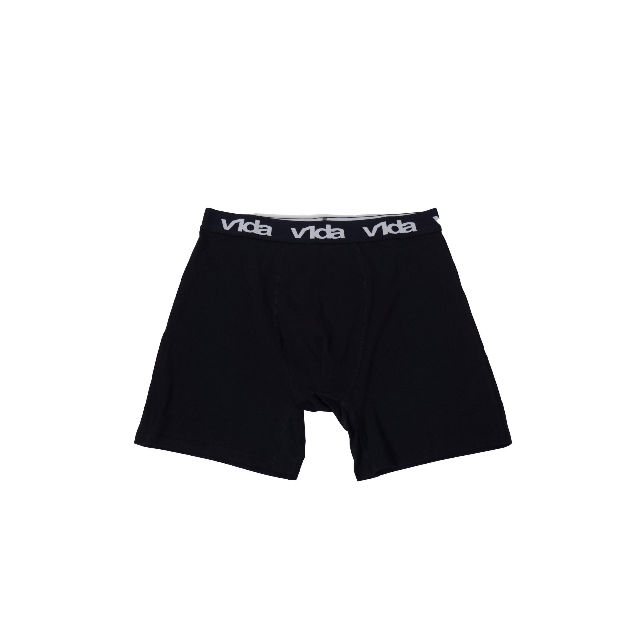 Black men's V1da Boxer Briefs (2 Pack) with a white "vida" logo on the waistband, new design, shown laid flat on a white background.