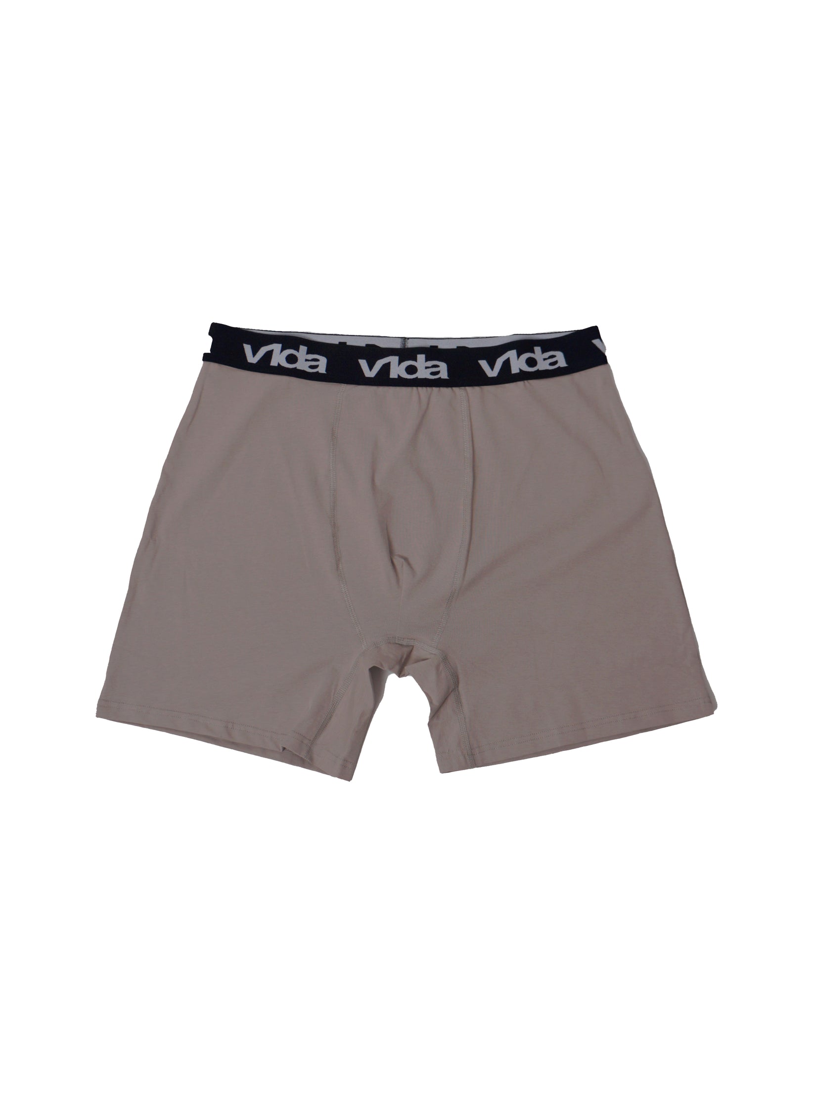 The V1da Boxer Briefs (2 Pack) are beige men's mid-length cotton boxers with a black waistband featuring repeated white "Vida" text, updated for comfort.