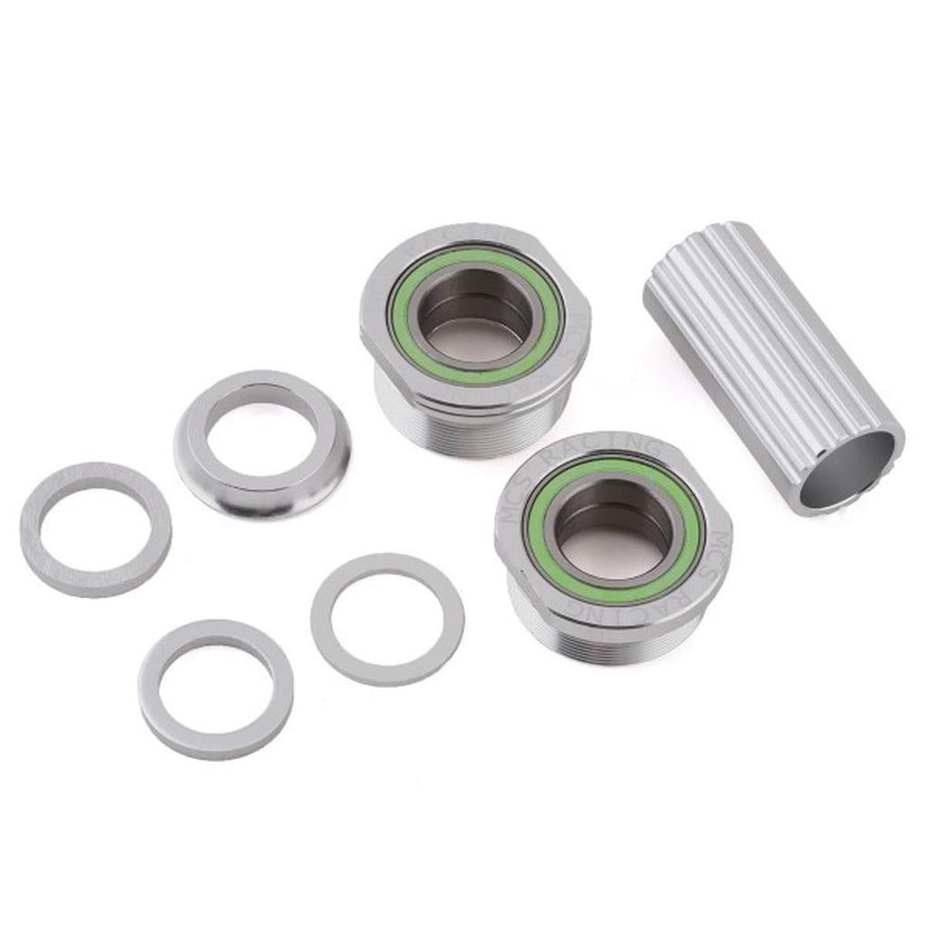 The MCS Euro BB Set includes two threaded cups with sealed cartridge bearings, three washers, a spacer, and a silver installation tool, all shown neatly arranged on a white background.