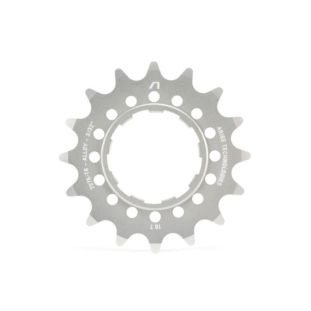 The Echo Alloy Cassette Rear Sprocket is a silver, CNC-machined 16-tooth cog made from 7075-T6 aluminium with multiple center holes, “7075-T6 ALLOY - 3/32” and “ARISE TECHNOLOGIES” labels, and Shimano HyperGlide compatibility.
