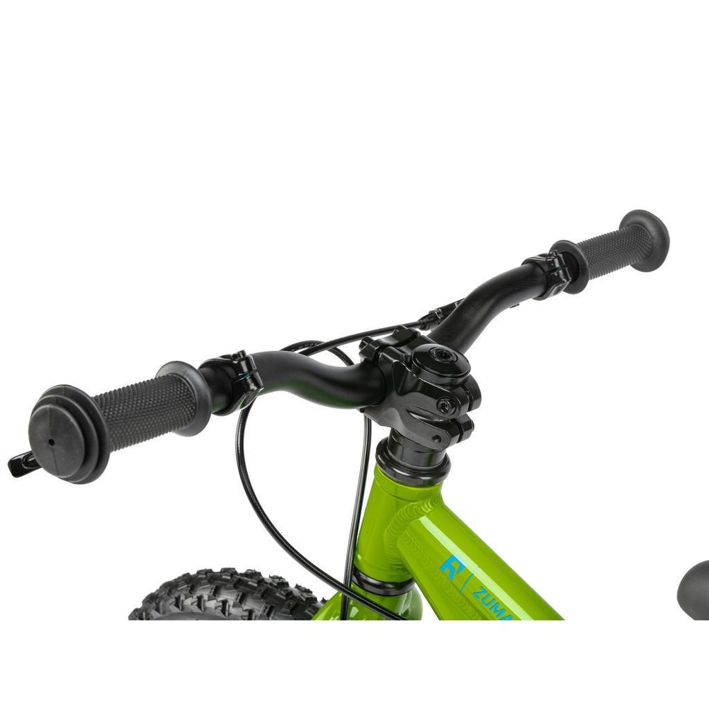 Close-up of the black handlebar and grips on the Radio Zuma 14 Inch Bike kids mountain bike, with visible brake cables against a white background.
