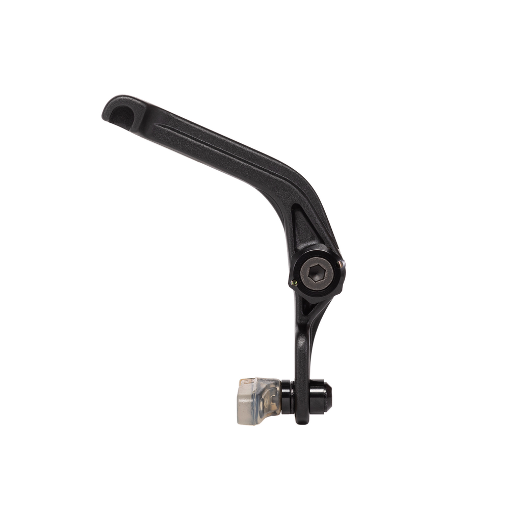 An Eclat The Unit Brake lever with an attached cable adjuster, isolated on a white background.