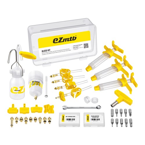 The EZMTB Universal Brake Bleed Kit - Pro Model includes syringes, hoses, adapters, tools, and fittings neatly arranged next to a transparent carrying case marked "eZmtb".