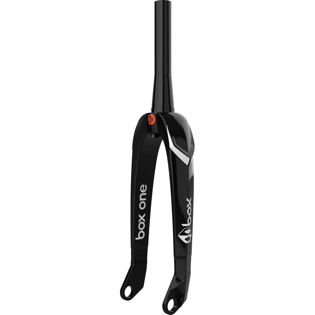 The Box One Oversized X6 Pro Carbon Fork features a glossy black finish, vertical steerer tube, and dual axle mounts at the bottom for enhanced steering stiffness and precise bike control.