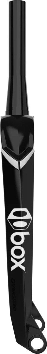 The Box One Oversized X6 Pro Carbon Fork is a black kick scooter fork with Oversized Technology for better steering stiffness and "box" printed in white on the side.