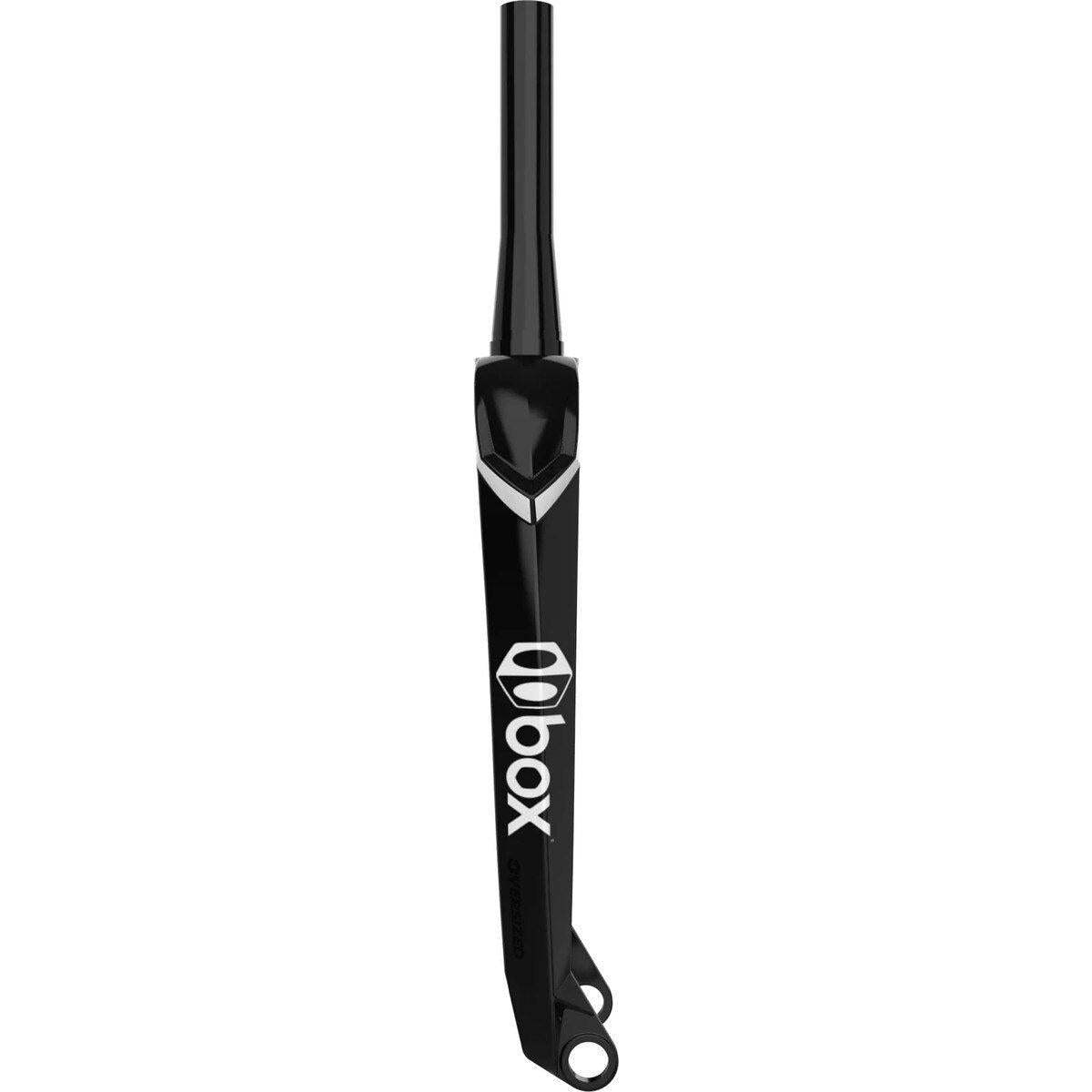 The Box One Oversized X6 Pro Carbon Fork is a black kick scooter fork with Oversized Technology for better steering stiffness and "box" printed in white on the side.