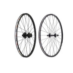 Two black bicycle wheels with spokes, one front and one rear, both featuring Box Three logos on the Expert Disc Wheel Set 28 Hole, displayed against a white background.