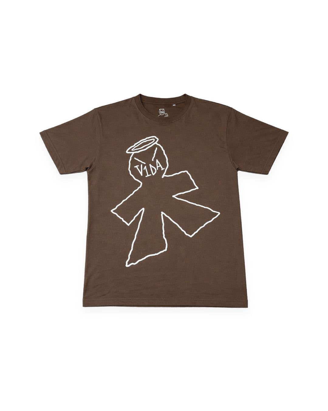 The V1da Big Ass T-Shirt features a bold white abstract graphic with a "VIDA" jar and a stylized human figure on a brown tee—perfect for adding fresh style to your collection.