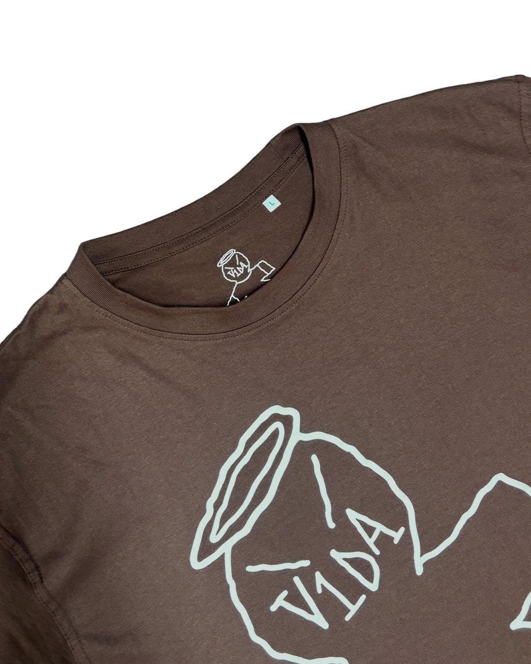 The V1da Big Ass T-Shirt features a brown color with a minimal white outline graphic of a figure and "VIDA" on the front—a fresh design from a standout brand.
