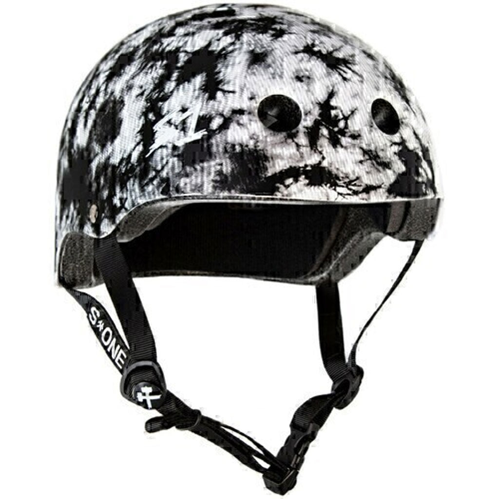 Certified for protection, this S-One Helmet Lifer Black & White Tie Dye features a strap.