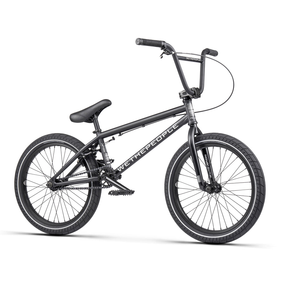 The Wethepeople Nova 20 Inch BMX Bike, featuring a sleek Matt Black Wethepeople Nova 20 Inch BMX Bike design, stands out against the clean white background.