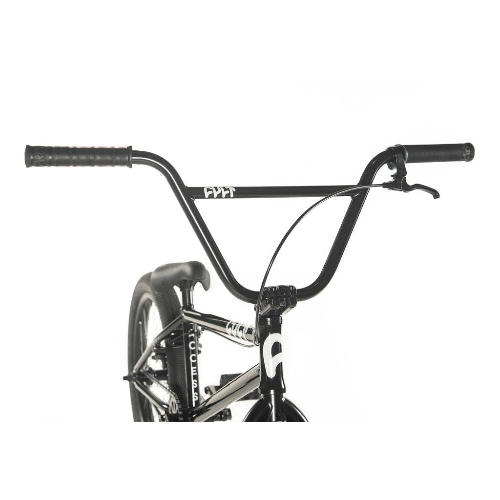 Front view of the Cult Access 20 Inch Bike handlebars with brake lever and cable, partial frame and seat shown against a white background—ideal for beginners looking for their first BMX bike.