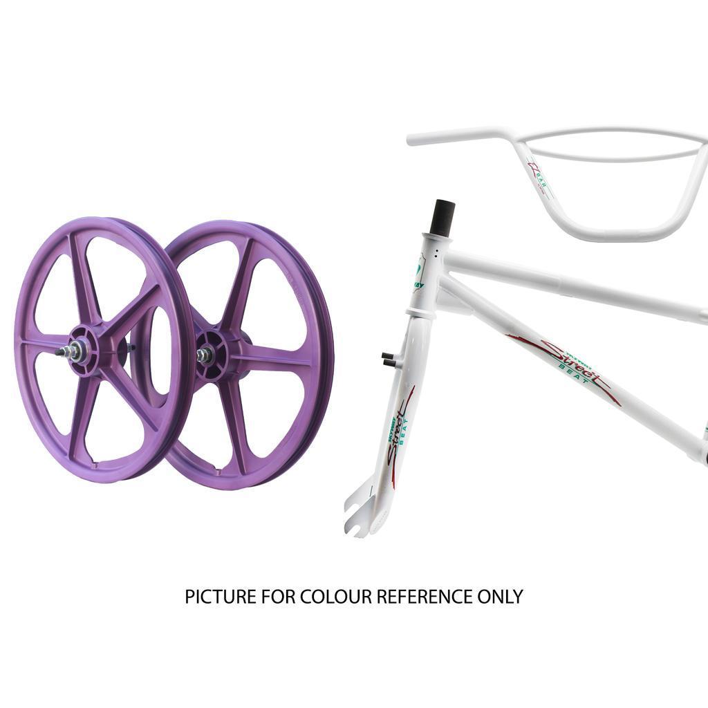The Skyway Street Beat 20 Inch Bike is shown with two purple mag wheels, a white frame, and 4130 chromoly handlebars with decals on a white background. Text below says, "PICTURE FOR COLOUR REFERENCE ONLY.