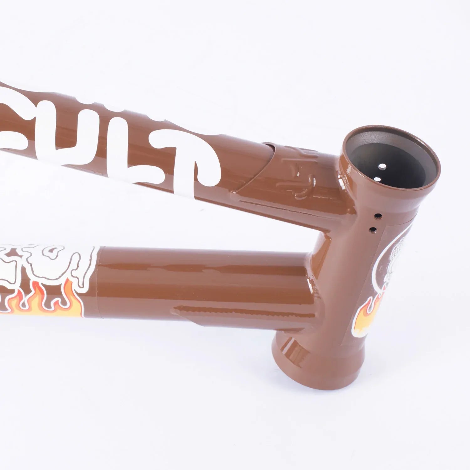 Cult Trey Jones Frame BMX in brown featuring "CULT" in white lettering and flame graphics near the head tube, displayed against a plain white background.