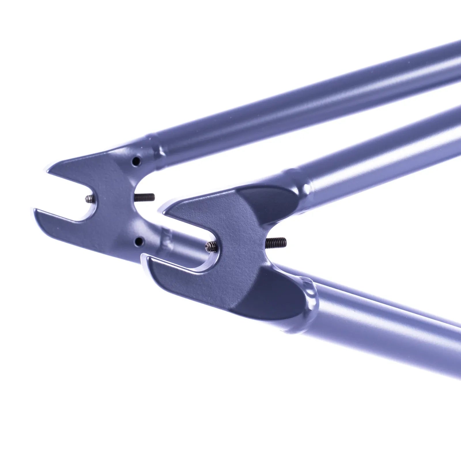 Close-up of two metallic BMX frame dropouts with rear axle slots, shown against a white background—an essential feature for any street machine like the Cult Shorty V2 Sumn Lite Frame in Eddie Cuellar Colourway.