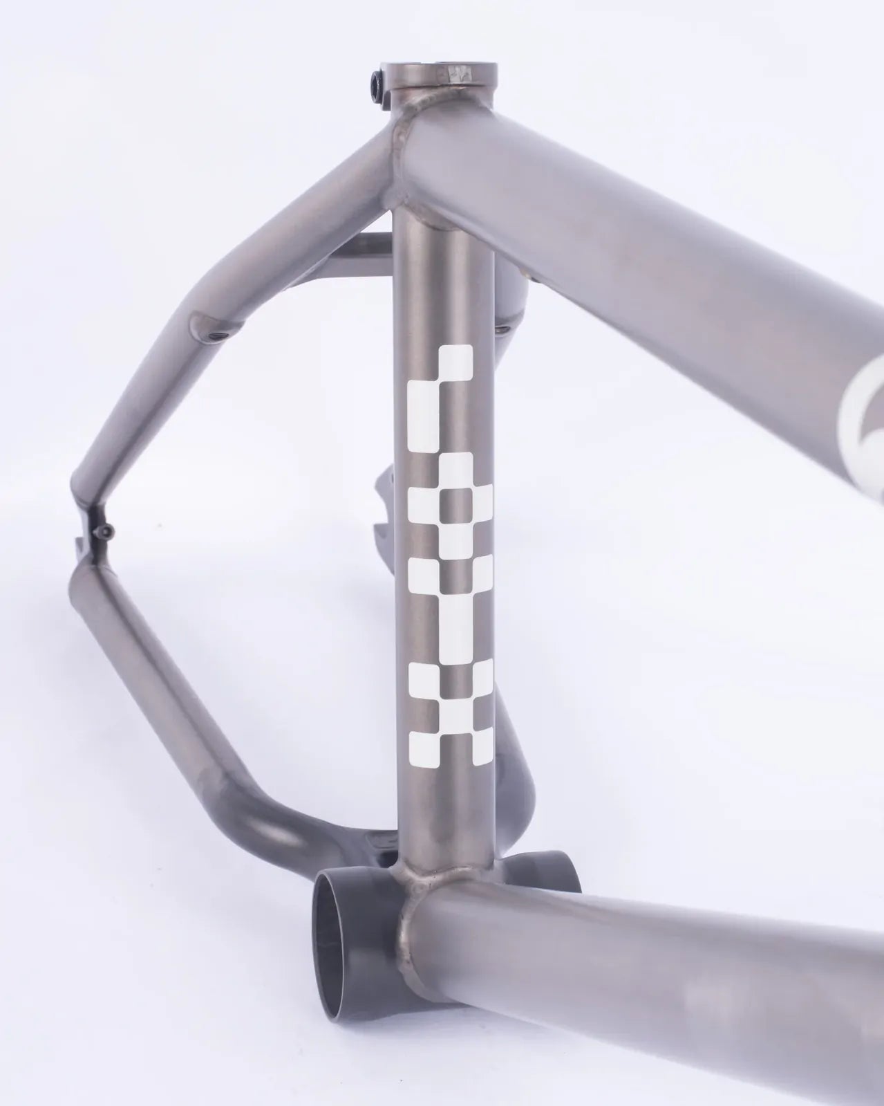 A close-up of the Cult Shorty Killian Roth V2 Frame showcases its geometric white pattern on the front tube, set against a plain white background.