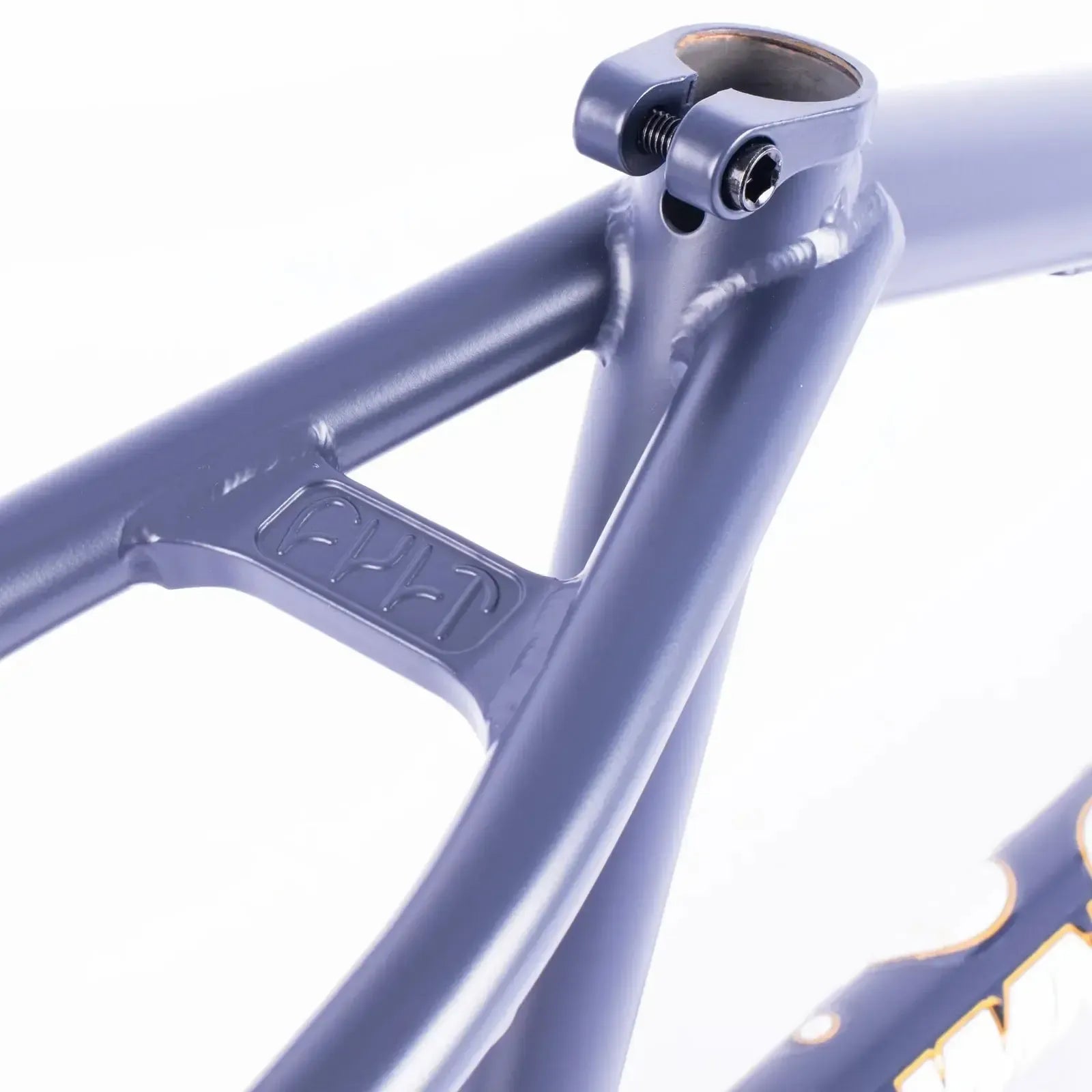 Close-up of the Cult Shorty V2 Sumn Lite Frame in the matte blue Eddie Cuellar Colourway, highlighting the seat clamp and branded reinforcement bridge, inspired by classic BMX street frame design.
