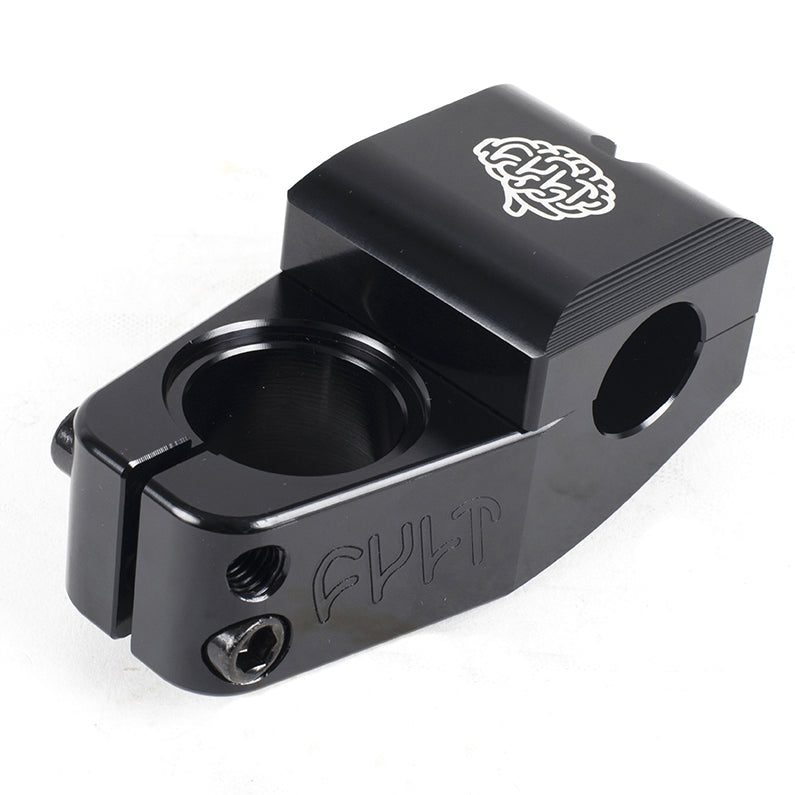 A black Cult Max Vu Top Load Stem made from 6061 aluminum with Max Vu's signature logo on it.