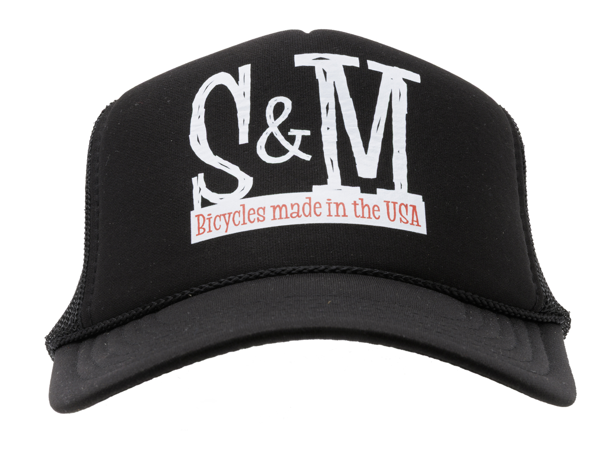 S & M Scratch Tall Trucker Cap: Black mesh-back trucker hat with white “S&M” lettering and a red “Bicycles made in the USA” banner on the front.