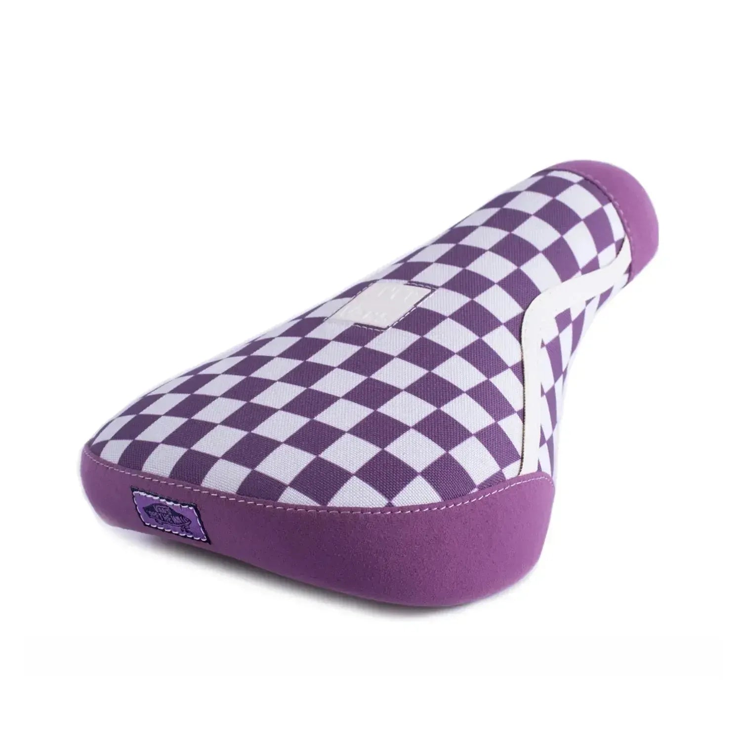 The Cult Vans Old Skool Checker Pivotal Seat features a purple and white checkered design with white accent lines and a purple base, inspired by the iconic CULT x VANS collaboration.