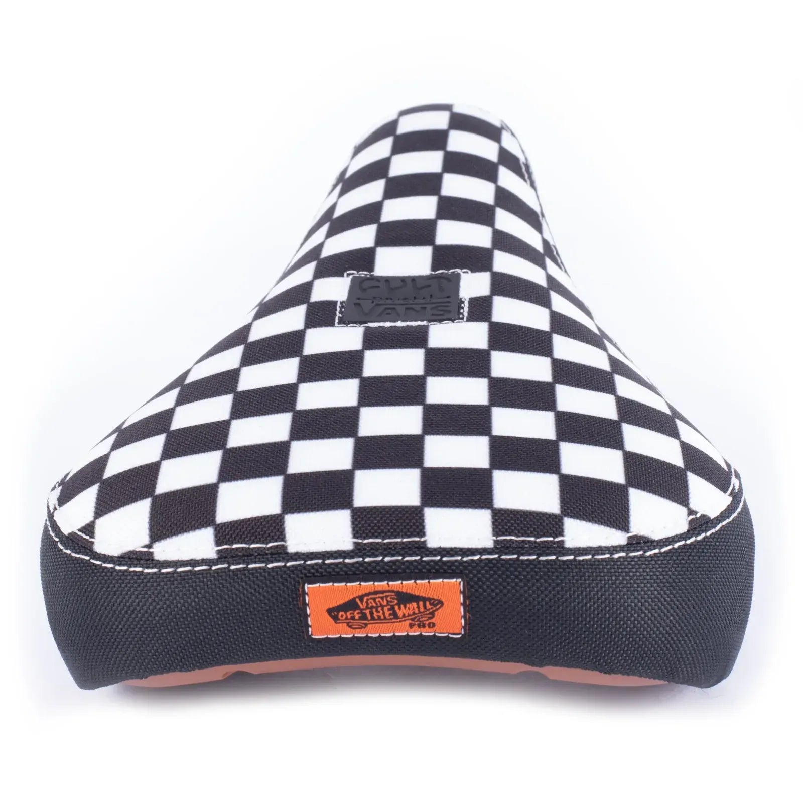 The Cult Vans Slip On Checker Pivotal Seat is a limited edition black and white checker bicycle seat with "Vans" branding and an orange "Off the Wall" tag, inspired by the classic Vans style.