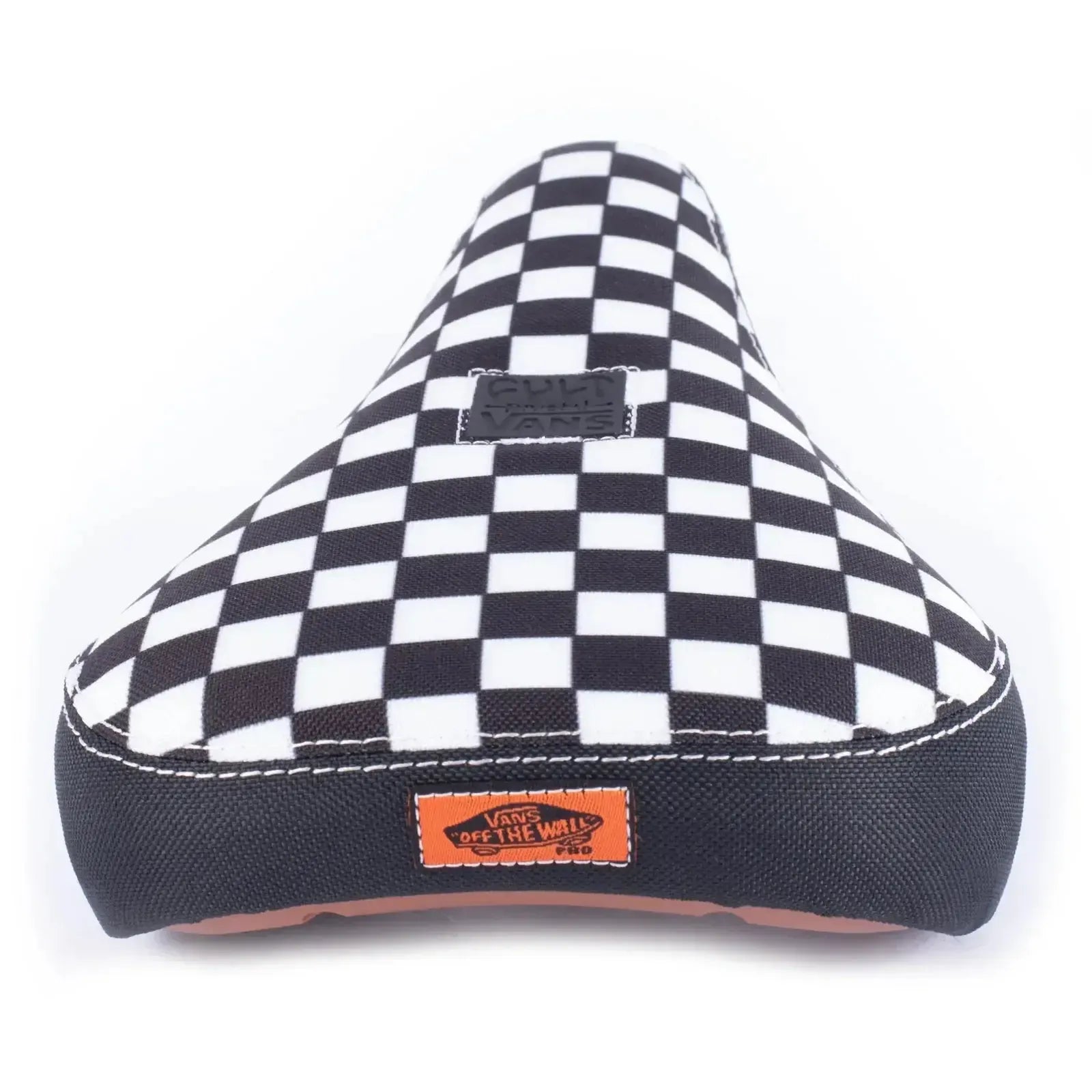 The Cult Vans Slip On Checker Pivotal Seat is a limited edition black and white checker bicycle seat with "Vans" branding and an orange "Off the Wall" tag, inspired by the classic Vans style.