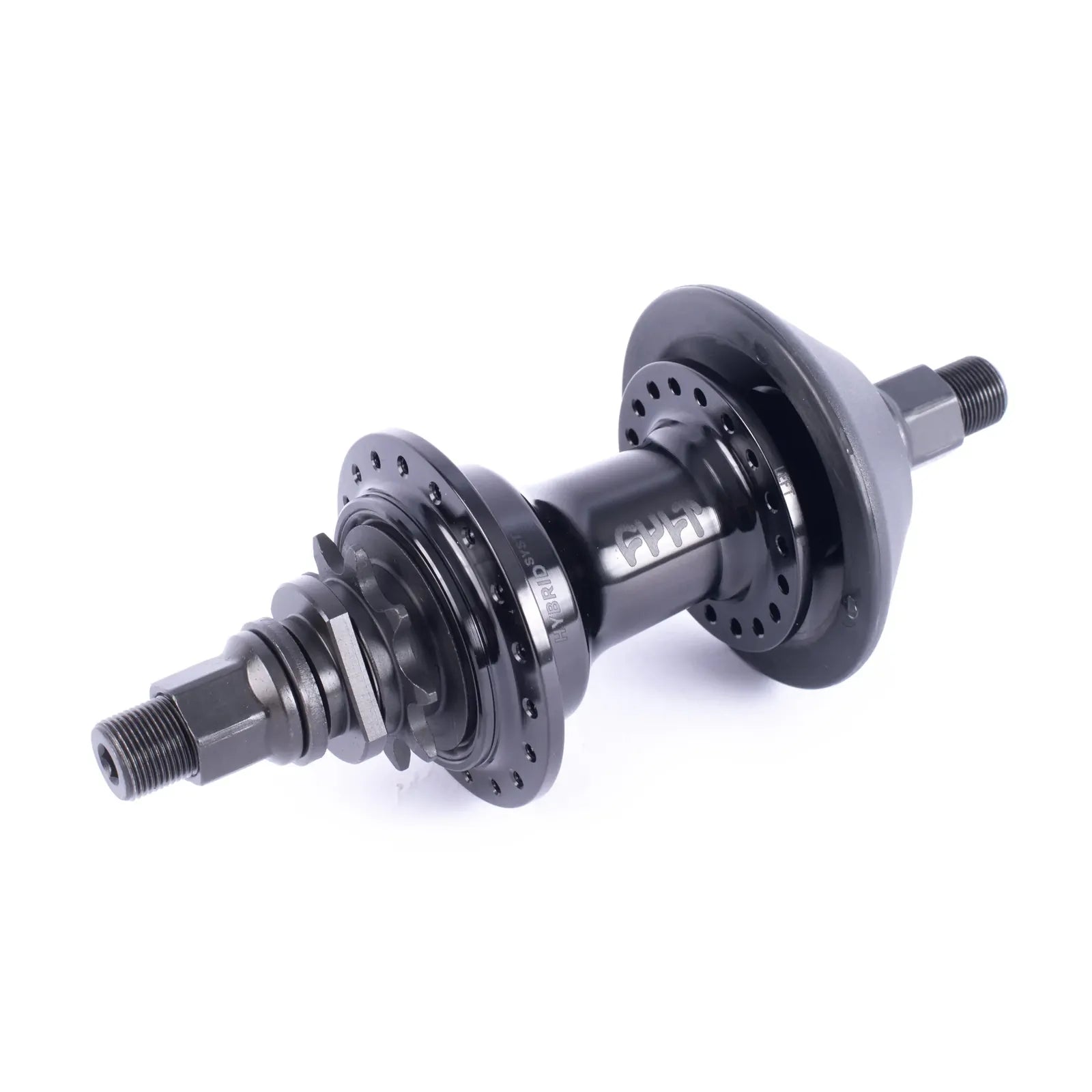 The Cult Crew Hybrid Freecoaster Rear Hub in black metal features axle bolts and spoke holes, shown against a white background.